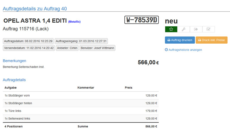 Auftragsdetailansicht