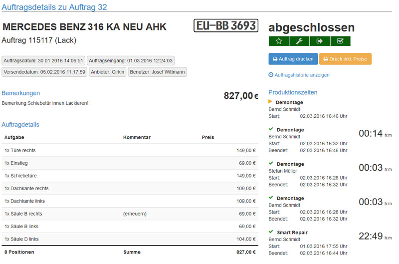 Ansicht mit Zeitbuchungen